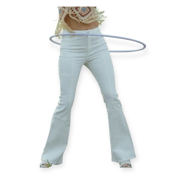 West of Melrose High Rise Patchwork Flare Jeans in Off White Ivory - Picture 3 of 16